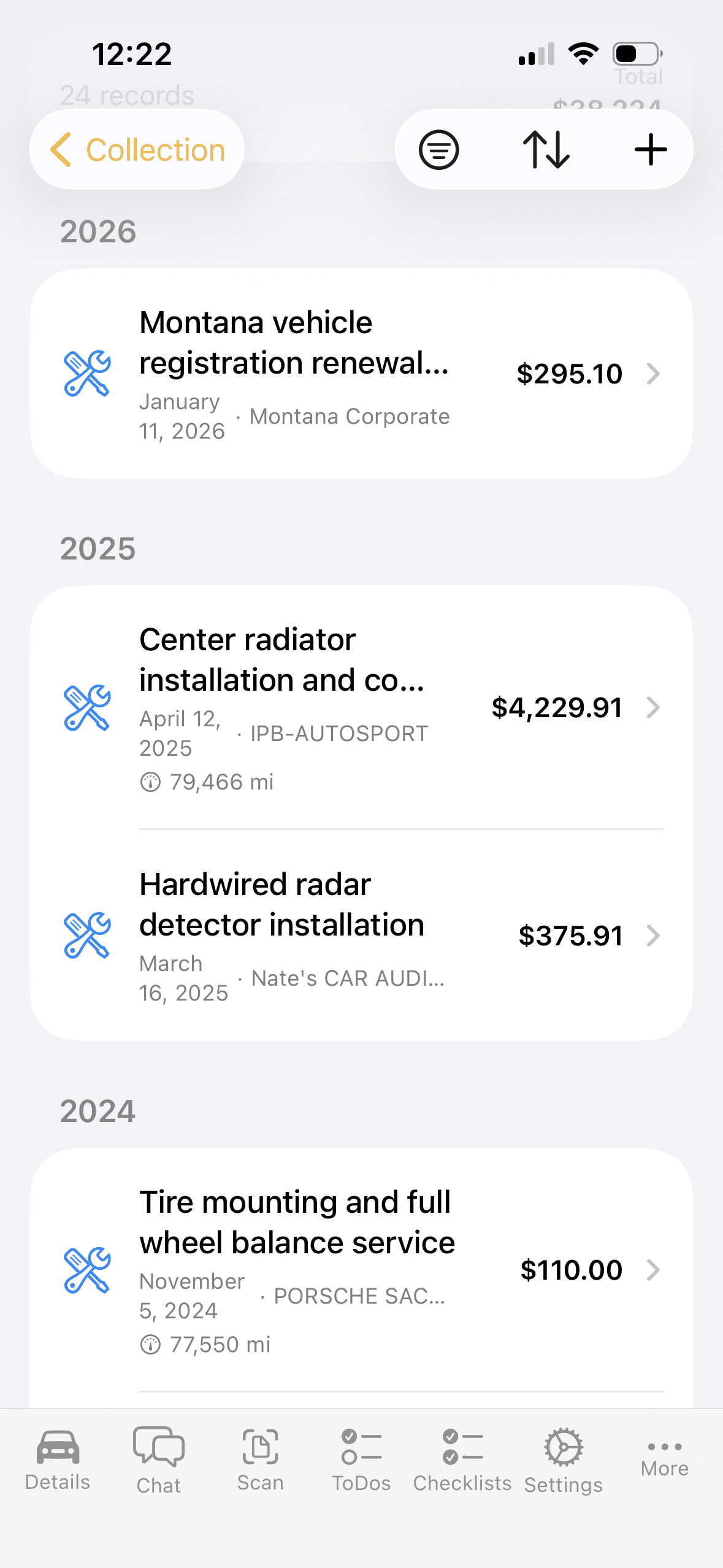 VOXCAR service history list grouped by year